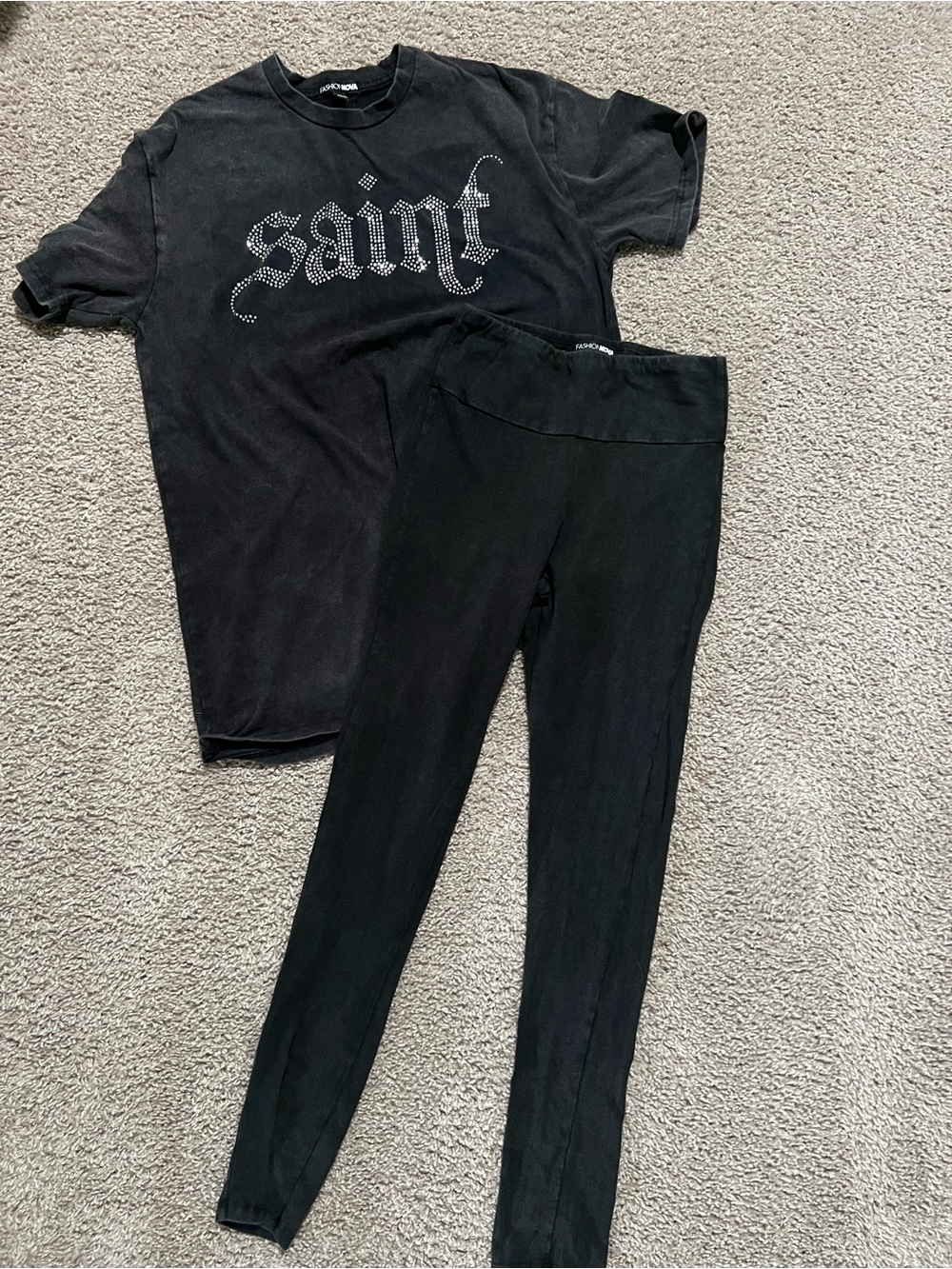 NWOT Fashion Nova Acid Wash Black Saint Studded Leggings Two-Piece Set